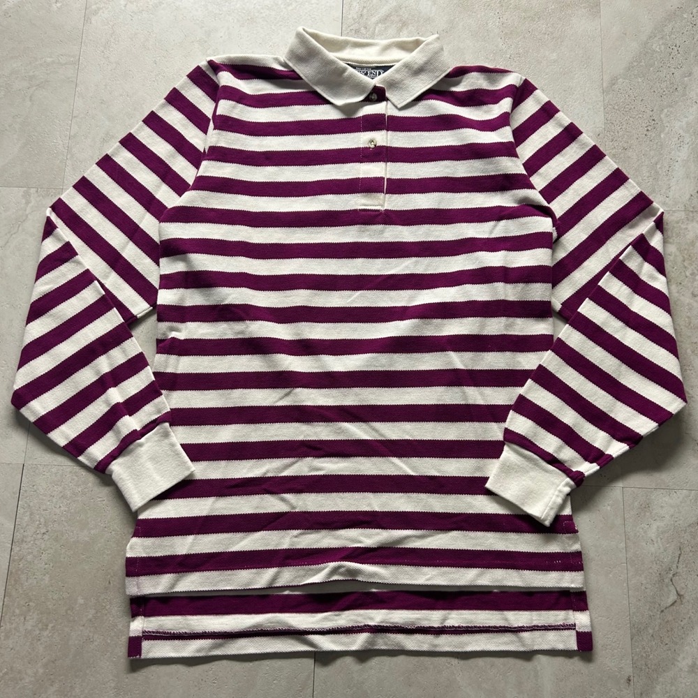 Lands End Long Sleeve Polo Shirt Purple Women M Striped Cotton USA Vintage